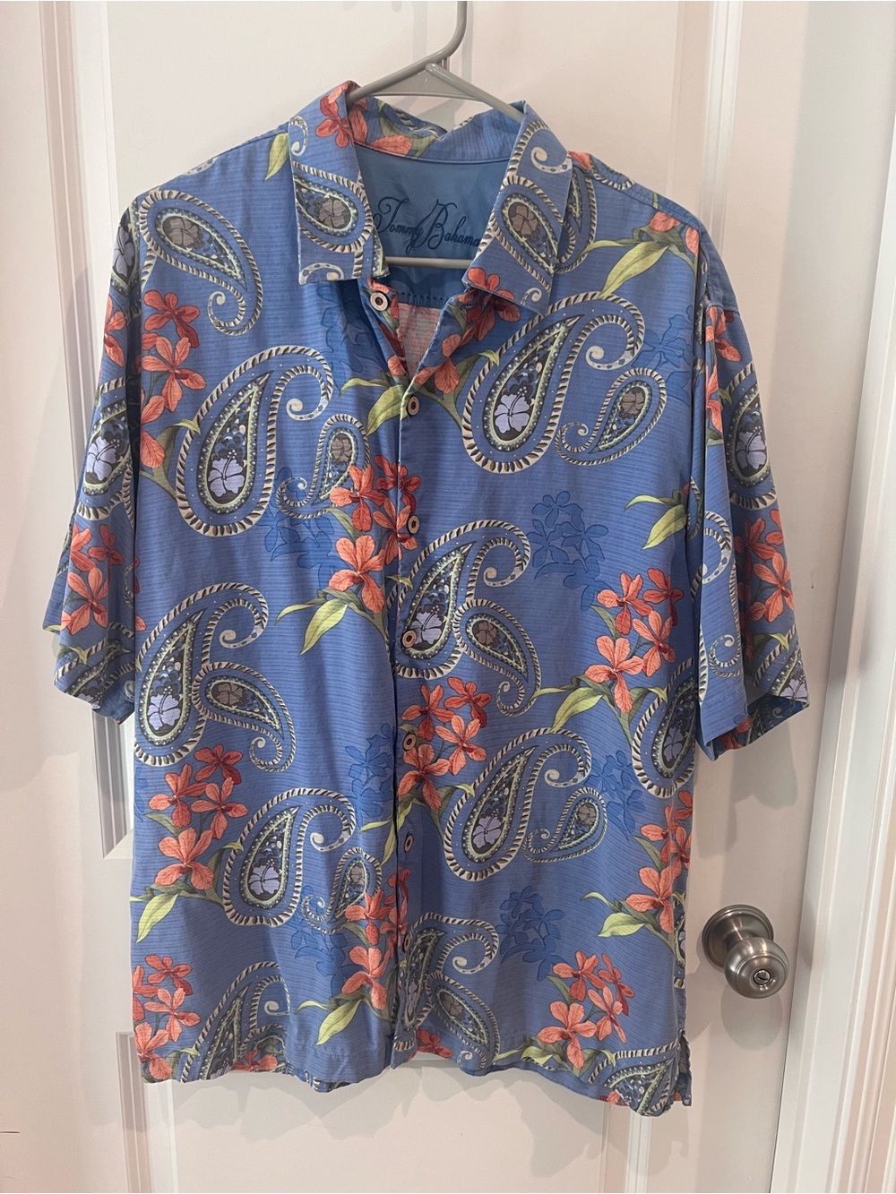 Tommy Bahama Blue Paisley Floral Camp Shirt with Orange Flowers Size Large